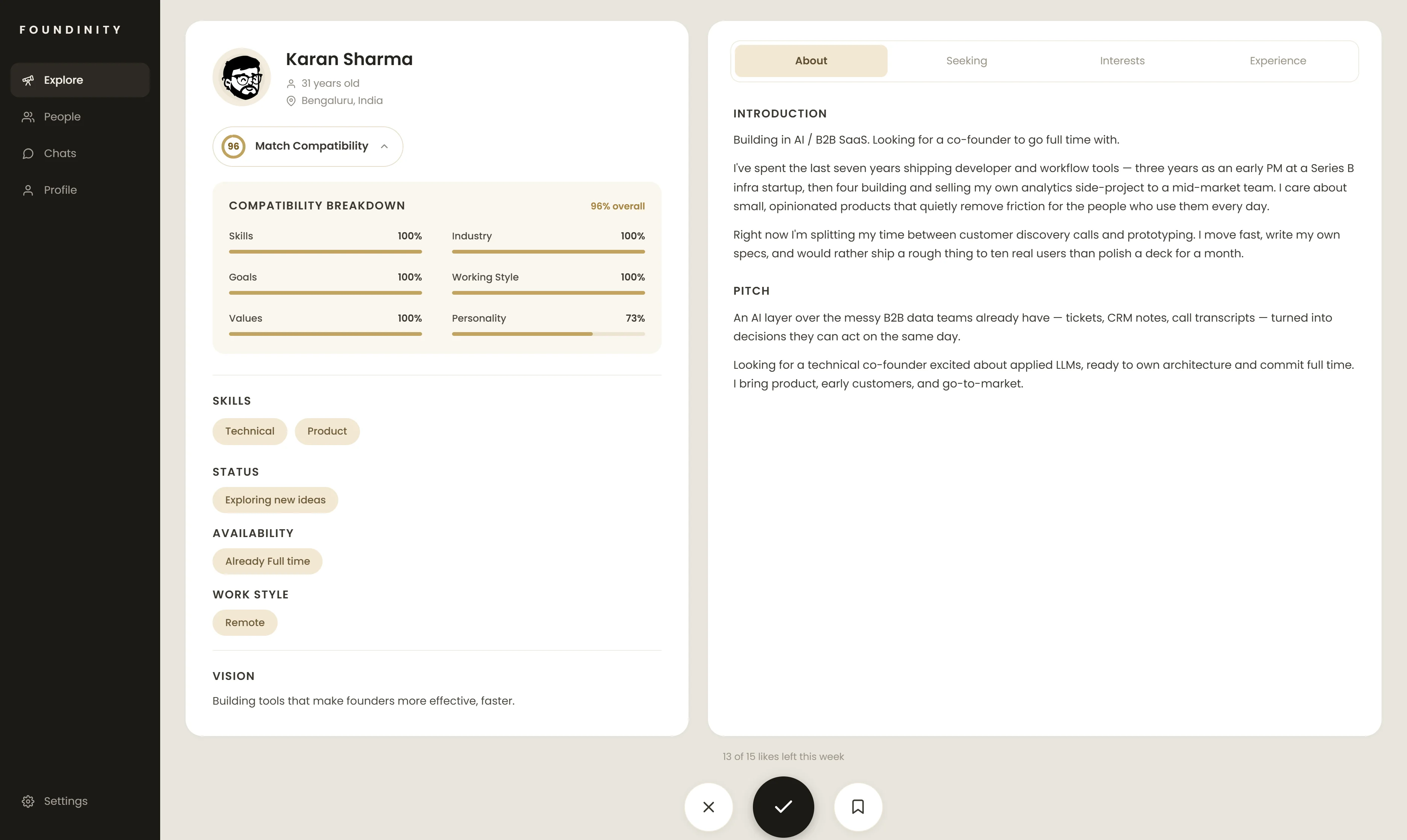 Foundinity app - profile with compatibility breakdown