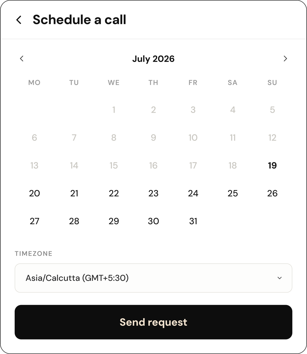 Schedule a call screen with calendar, timezone picker and send request button